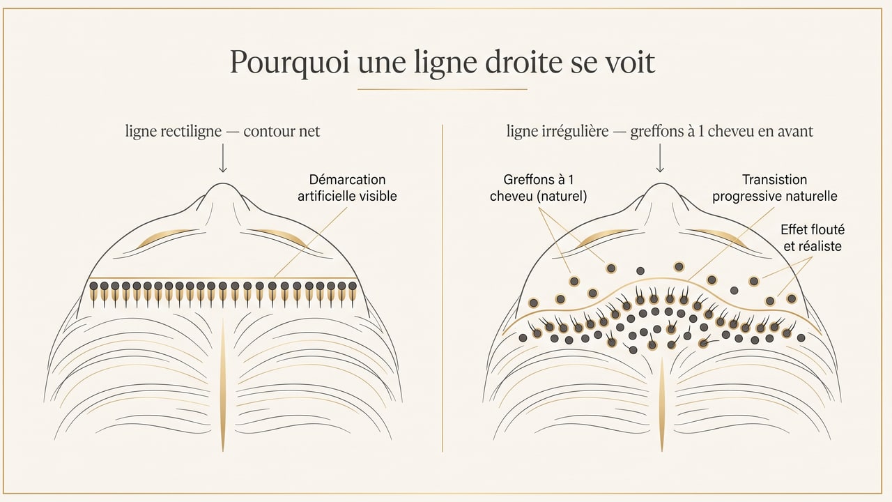 Schéma comparant une ligne frontale rectiligne au contour net et une ligne irrégulière dont la première rangée est composée de greffons à un seul cheveu