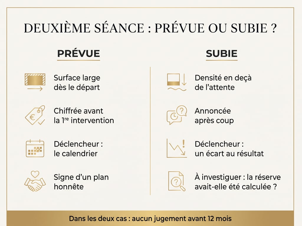 Infographie comparant une deuxième séance de greffe prévue dans un plan et une deuxième séance subie après un résultat décevant