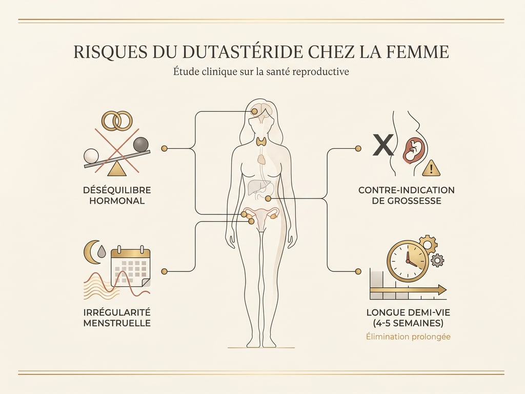 Schéma des risques du dutastéride chez la femme : troubles hormonaux, contre-indication grossesse, demi-vie longue