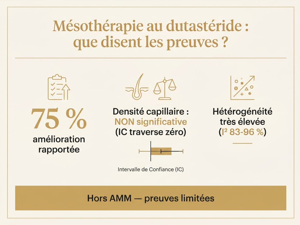 Infographie résumant la méta-analyse 2025 sur la mésothérapie au dutastéride : 75 % d'amélioration mais densité non significative et forte hétérogénéité