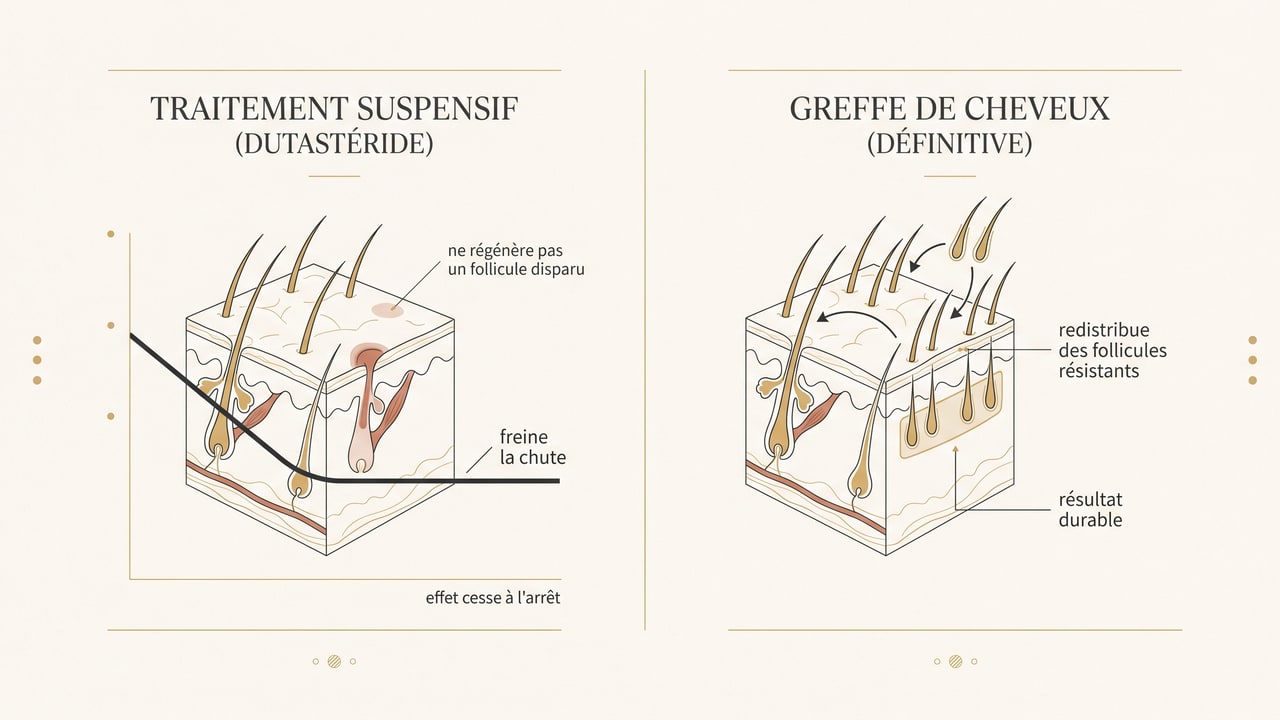 Schéma comparatif : le dutastéride freine la chute (traitement suspensif) tandis que la greffe redistribue durablement des follicules résistants