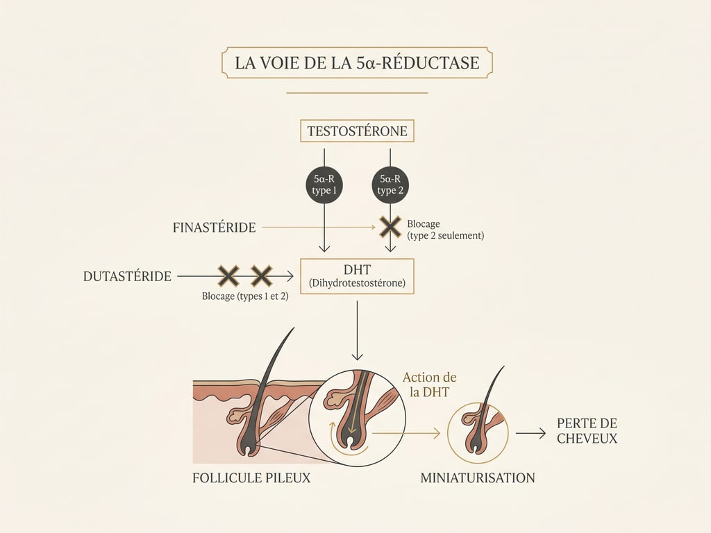 Schéma de l'inhibition de la 5-alpha-réductase : finastéride bloque le type 2, dutastéride bloque les types 1 et 2