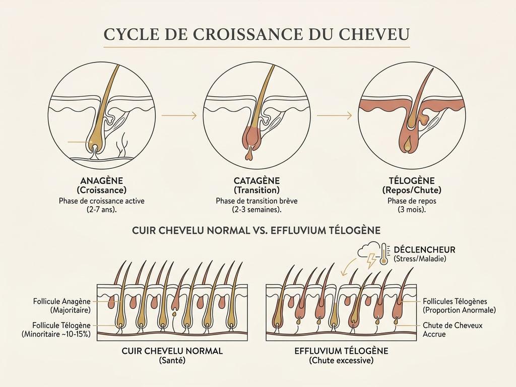 Schéma du cycle pilaire et de l'effluvium télogène : bascule anormale de follicules en phase de chute