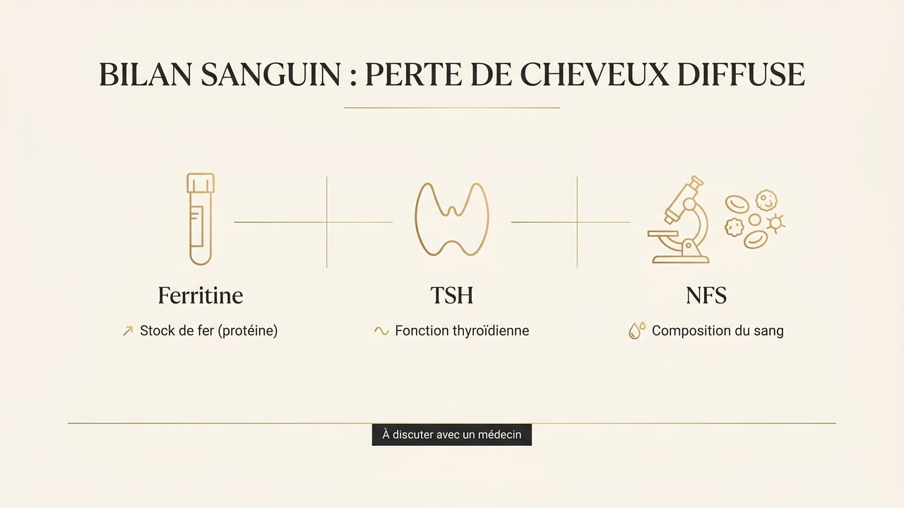 Icônes du bilan biologique possible (ferritine, TSH, NFS) à discuter avec un médecin face à une chute diffuse