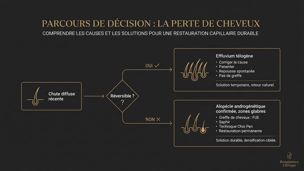 Schéma décisionnel : effluvium télogène réversible (pas de greffe) vs alopécie androgénétique confirmée (greffe sur zones glabres)