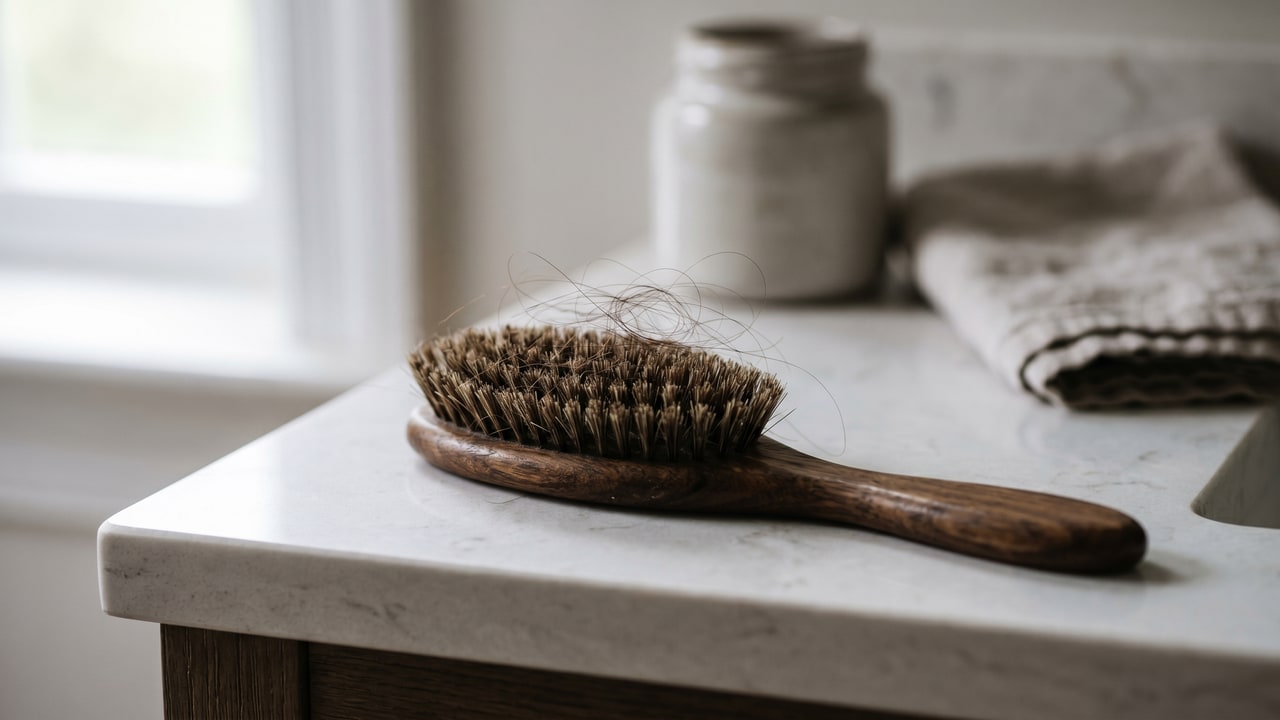 Brosse à cheveux avec quelques mèches détachées, illustrant une chute diffuse passagère