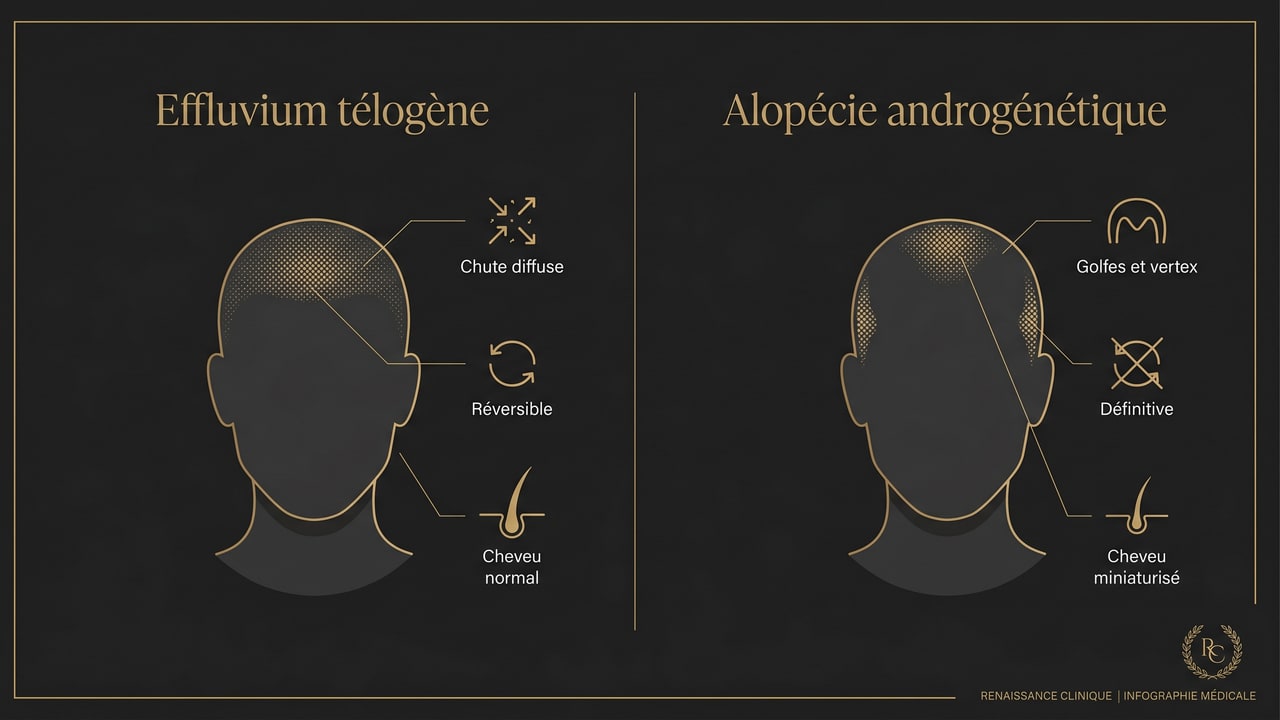 Infographie comparant l’effluvium télogène (chute diffuse réversible) et l’alopécie androgénétique (chute localisée définitive)