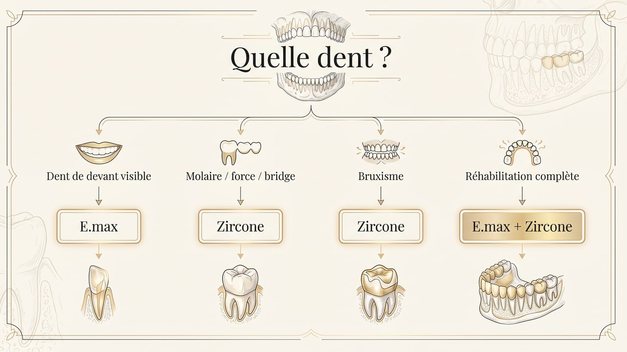 Arbre de décision E.max ou zircone selon la position de la dent et le profil patient