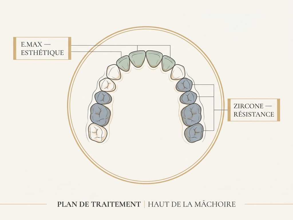 Schéma d'une arcade dentaire montrant E.max sur les dents antérieures et zircone sur les molaires