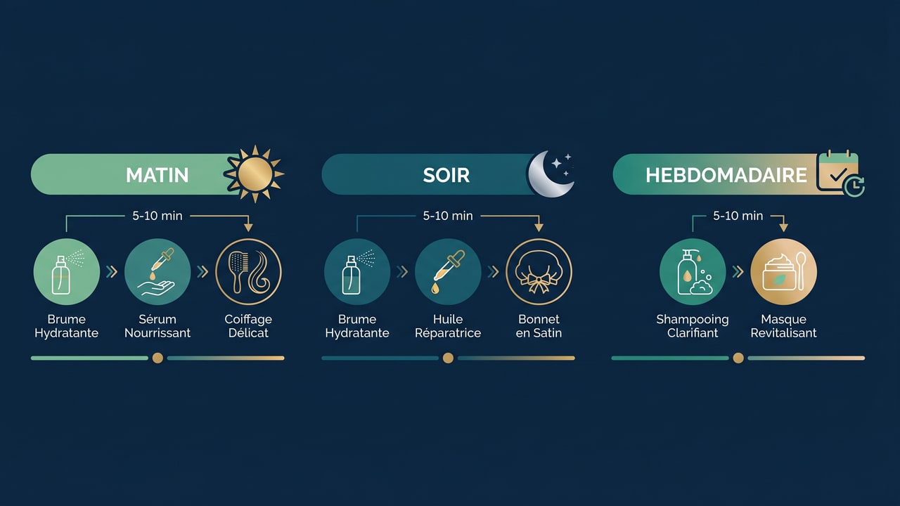 Routine quotidienne d'entretien des cheveux greffés crépus — matin, soir et hebdomadaire