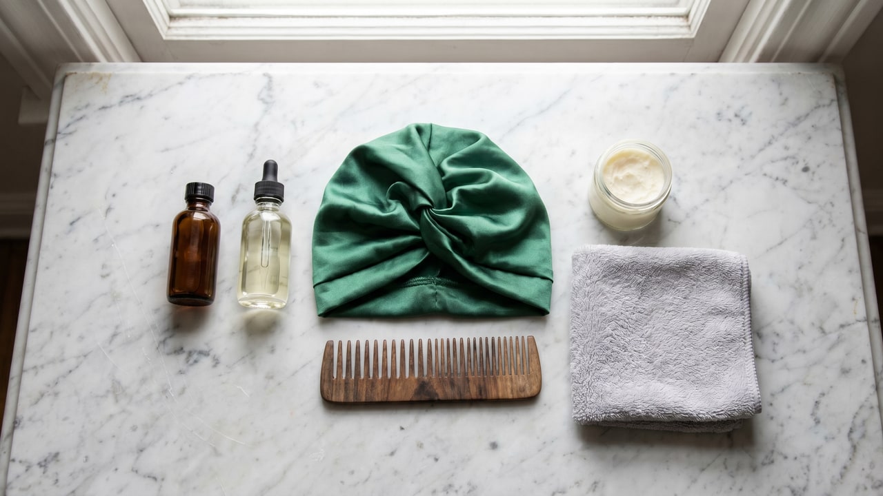 Routine d'entretien post-greffe pour cheveux crépus : huiles, turban satin, peigne en bois, beurre de karité