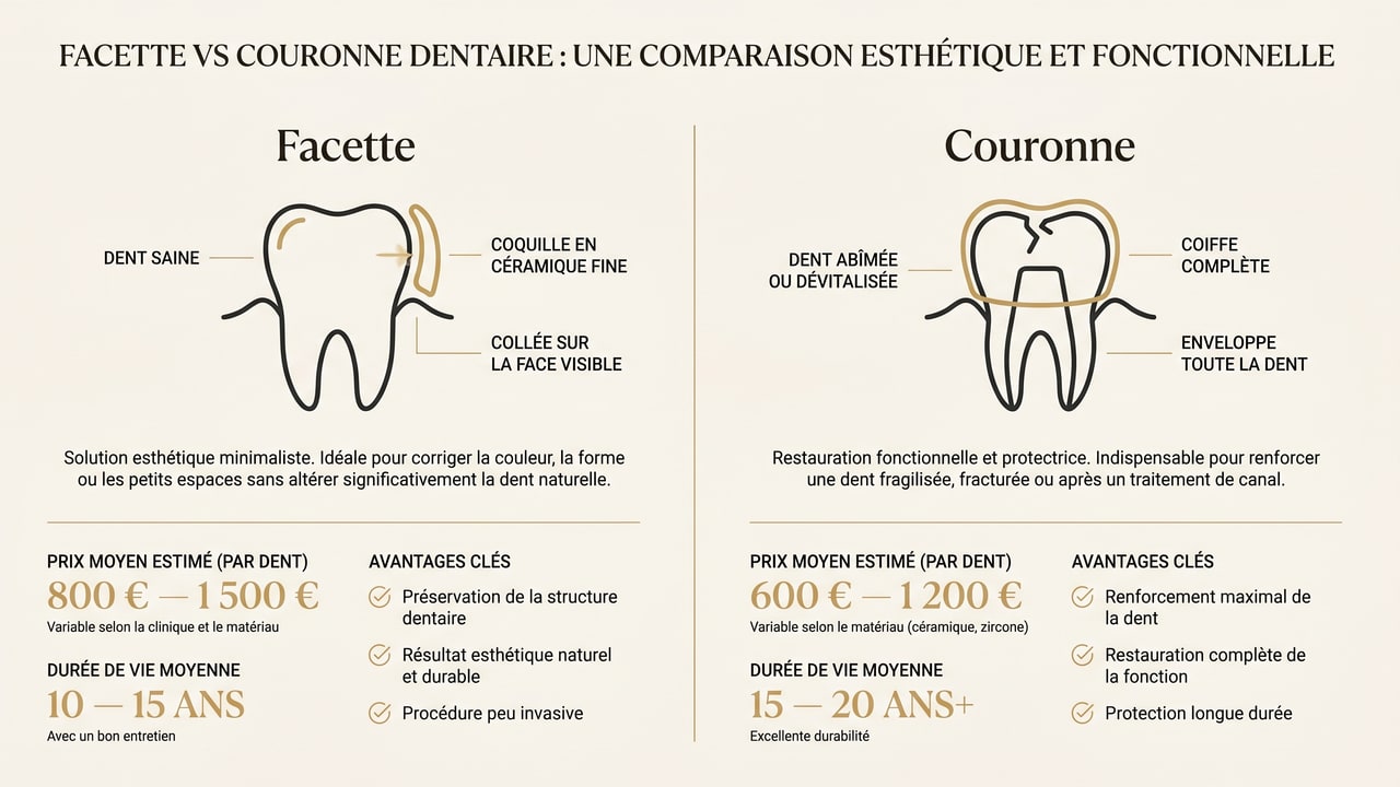 Infographie comparant la facette (face visible, dent saine) et la couronne (coiffe complète, dent abîmée)