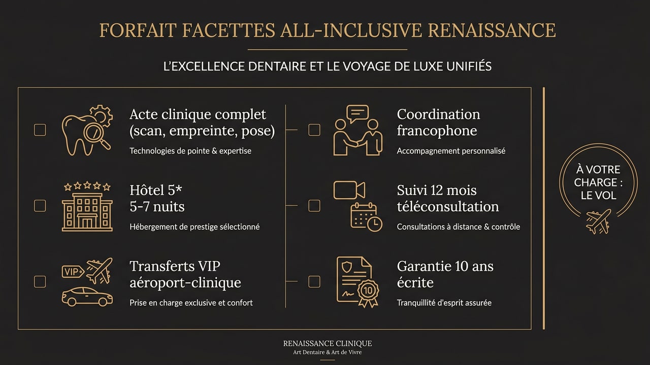 Contenu du forfait facettes all-inclusive Renaissance Clinique Istanbul — acte, hôtel, transferts, suivi, garantie