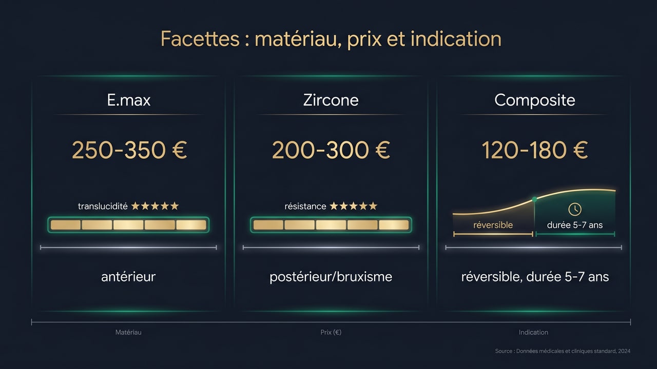 Comparatif des matériaux de facettes dentaires — prix, esthétique, résistance et indications E.max, zircone, composite
