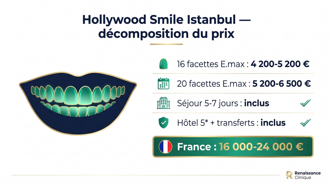 Décomposition du prix d'un Hollywood Smile à Istanbul — 16 à 20 facettes E.max, séjour et garantie inclus