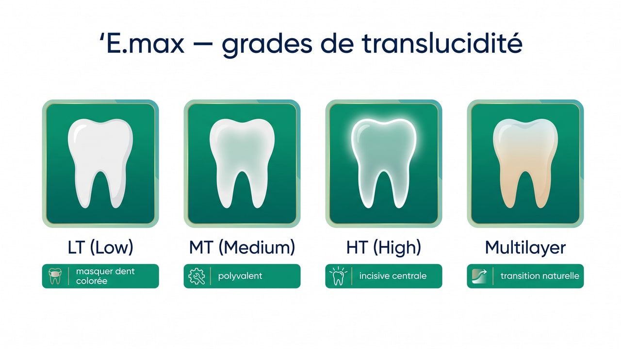 Les grades de translucidité E.max LT, MT, HT et multilayer et leurs indications par dent