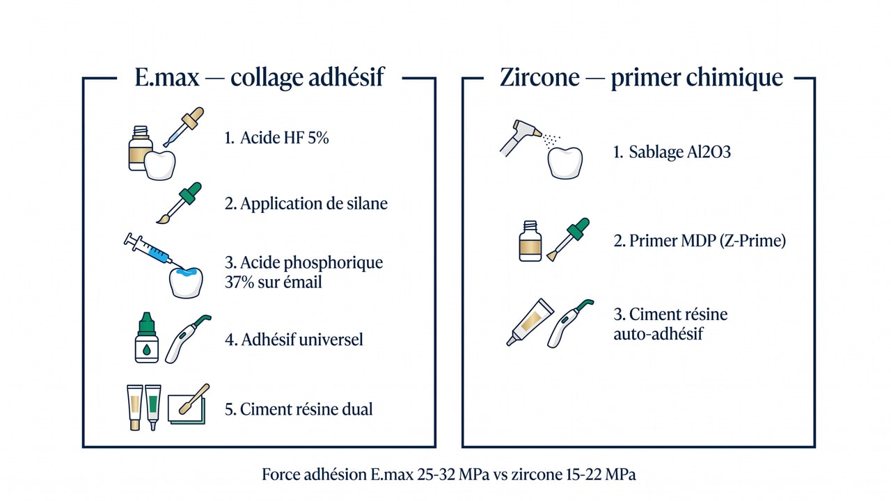 Schéma comparant les protocoles de collage adhésif des facettes E.max et zircone