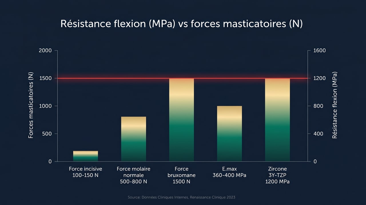 Graphique comparant la résistance à la flexion des céramiques E.max et zircone aux forces masticatoires
