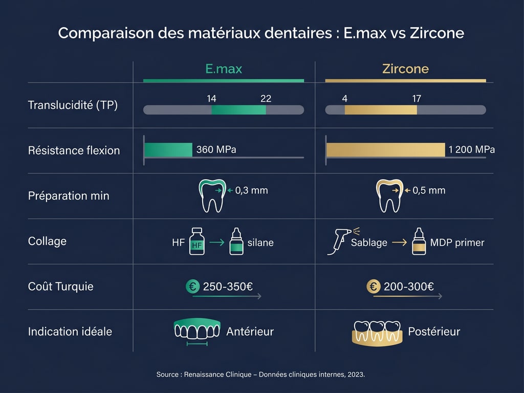 Tableau comparatif détaillé : facettes E.max vs zircone sur 6 critères cliniques