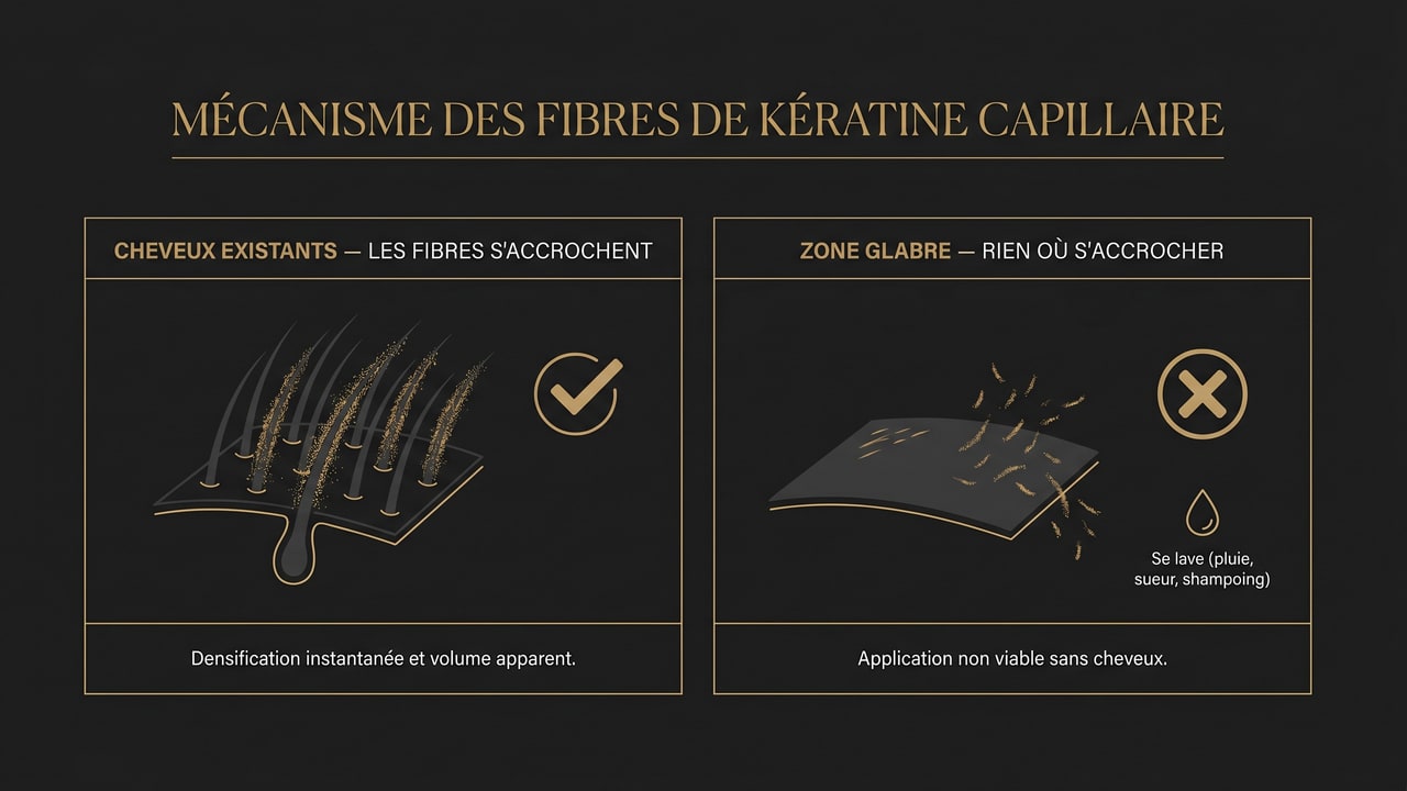 Infographie montrant que les fibres capillaires s'accrochent aux cheveux existants mais restent sans effet sur une zone glabre et se lavent