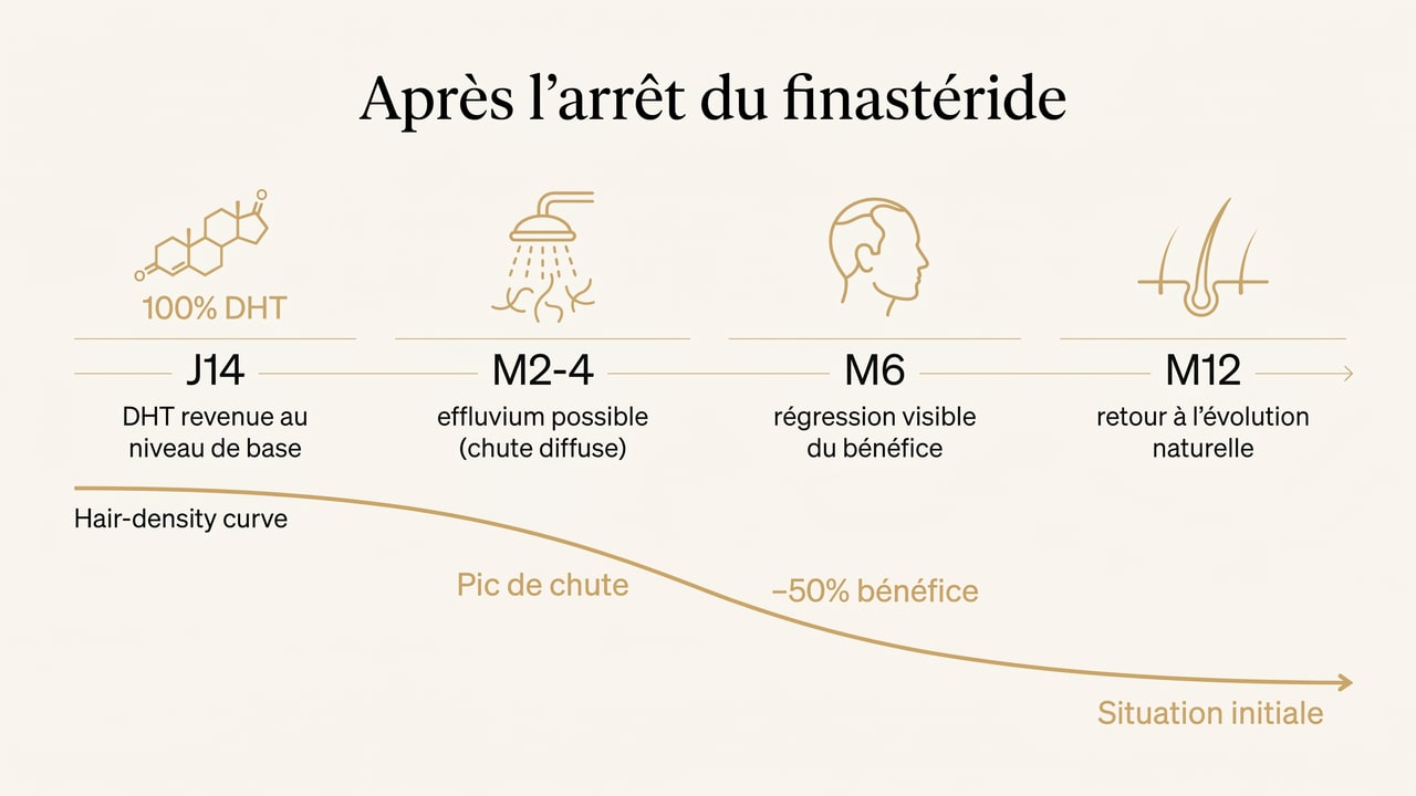 Chronologie de la perte du bénéfice après l'arrêt du finastéride : J14, mois 2-4, mois 6, mois 12