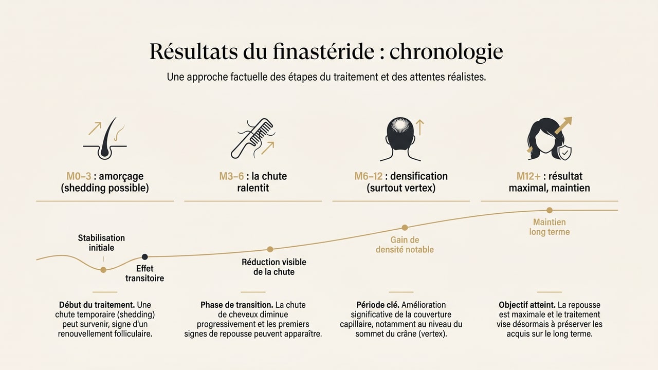 Chronologie des résultats du finastéride : amorçage, ralentissement, densification, maintien