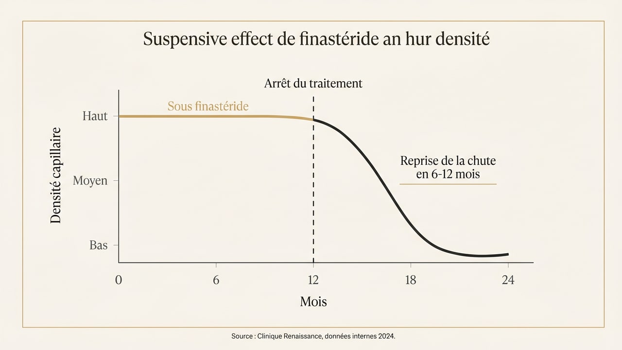 Courbe montrant l'effet suspensif du finastéride : reprise de la chute en 6 à 12 mois après l'arrêt du traitement