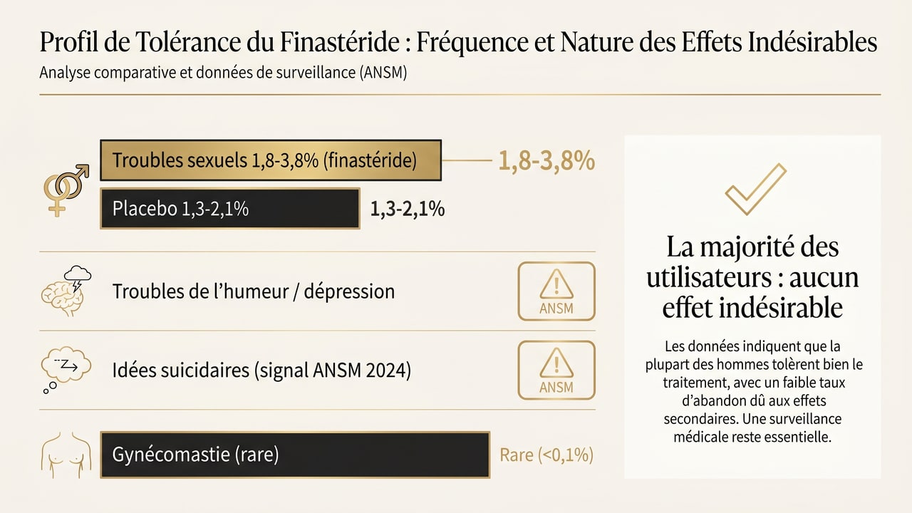 Infographie des effets secondaires du finastéride : troubles sexuels (1,8-3,8 %), dépression et idées suicidaires (signal ANSM 2024)