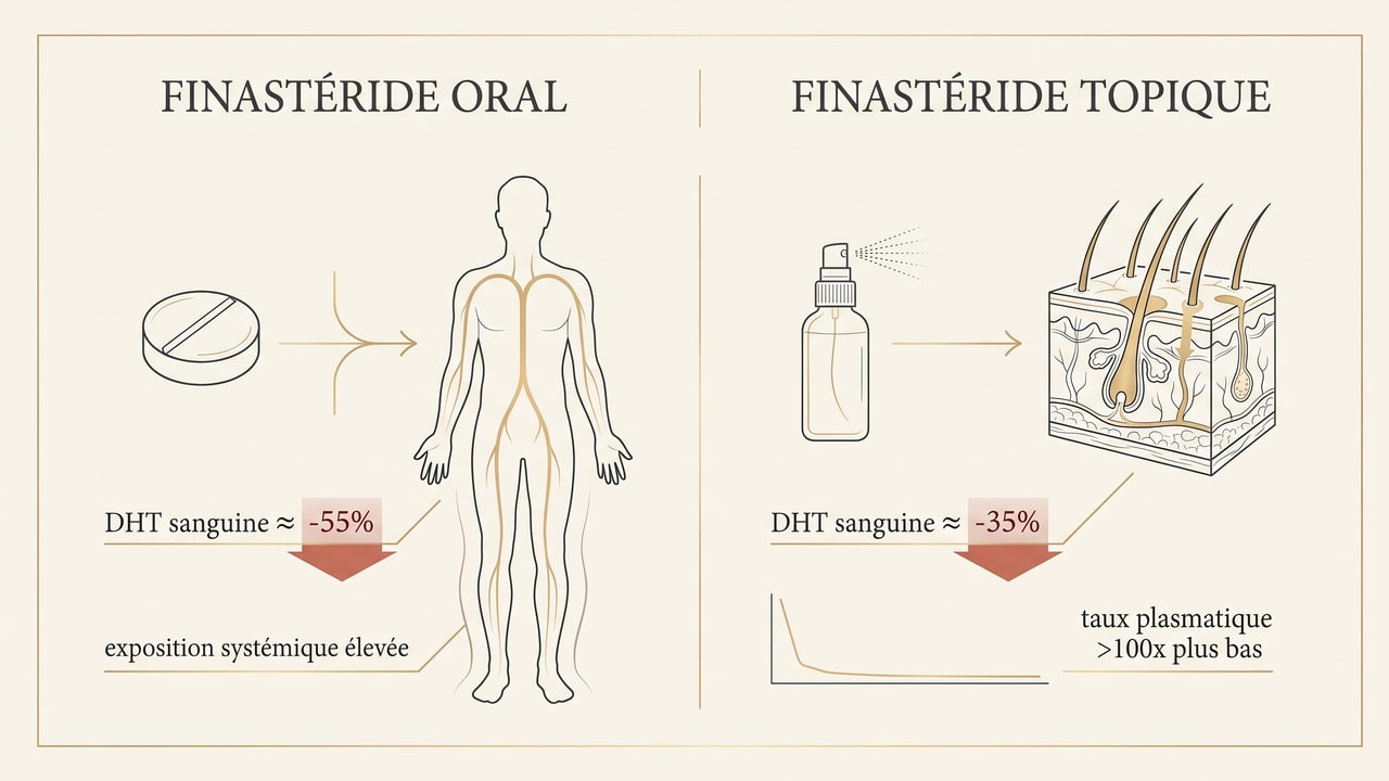 Schéma comparatif de l'action systémique du finastéride oral et topique sur la DHT