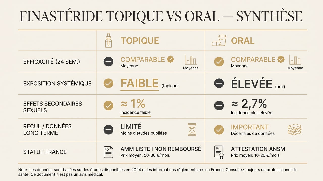 Tableau de synthèse comparant le finastéride topique et oral : efficacité, exposition, tolérance, statut en France