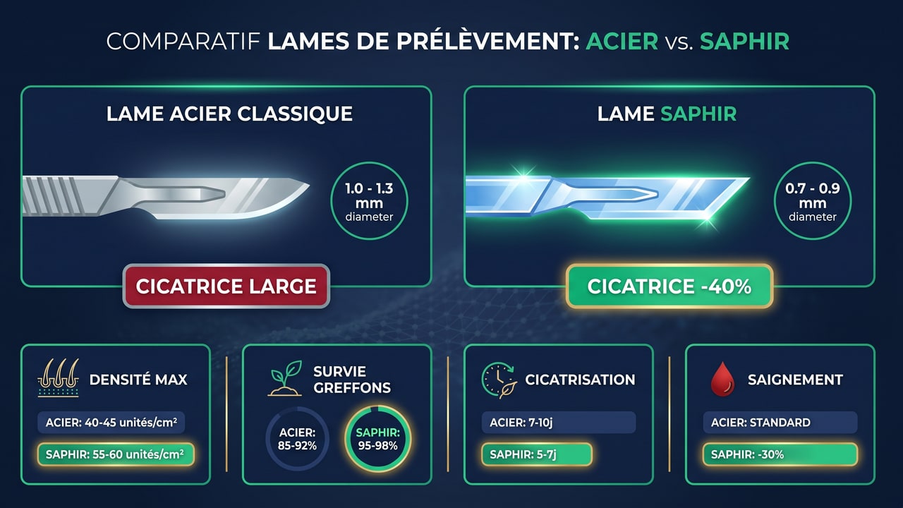 Comparaison infographique FUE Saphir vs FUE classique acier : diamètre incision, densité, survie greffons