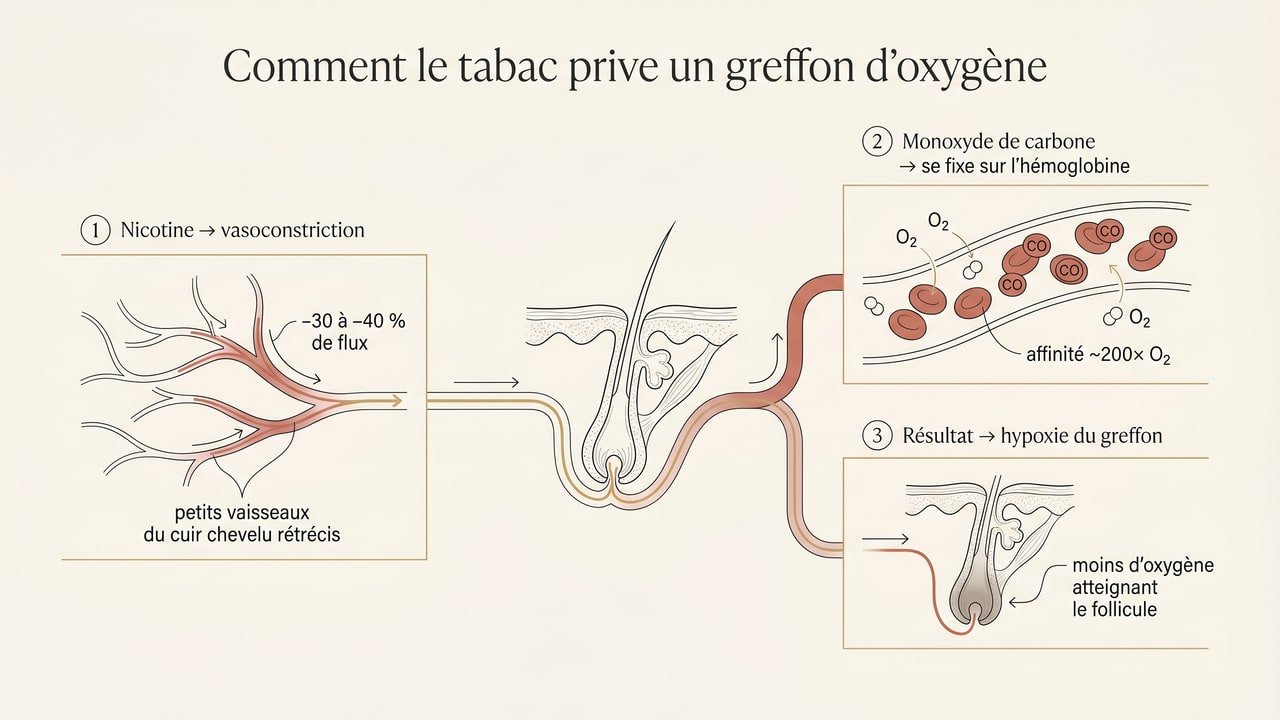 Schéma des mécanismes par lesquels le tabac nuit à un greffon : vasoconstriction par la nicotine, fixation du monoxyde de carbone sur l'hémoglobine, hypoxie du follicule