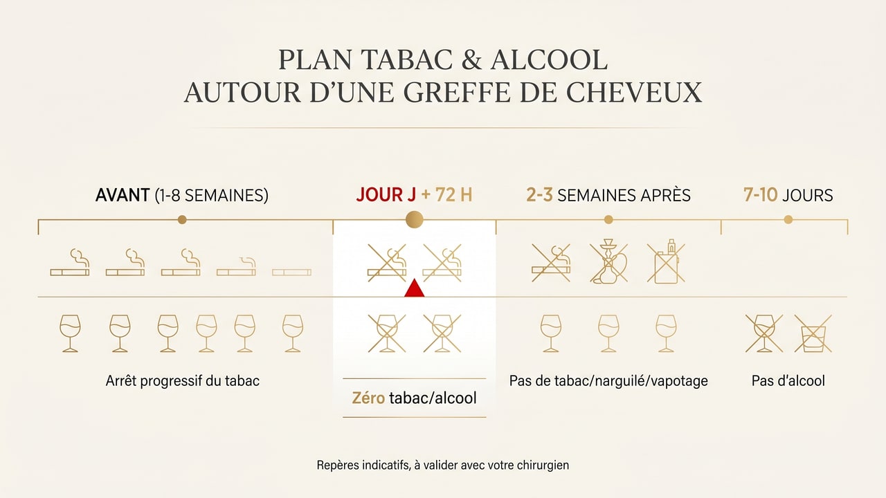 Frise du plan d'abstinence de tabac et d'alcool autour d'une greffe de cheveux : avant, jour J et 72 heures, 2 à 3 semaines après pour le tabac, 7 à 10 jours pour l'alcool