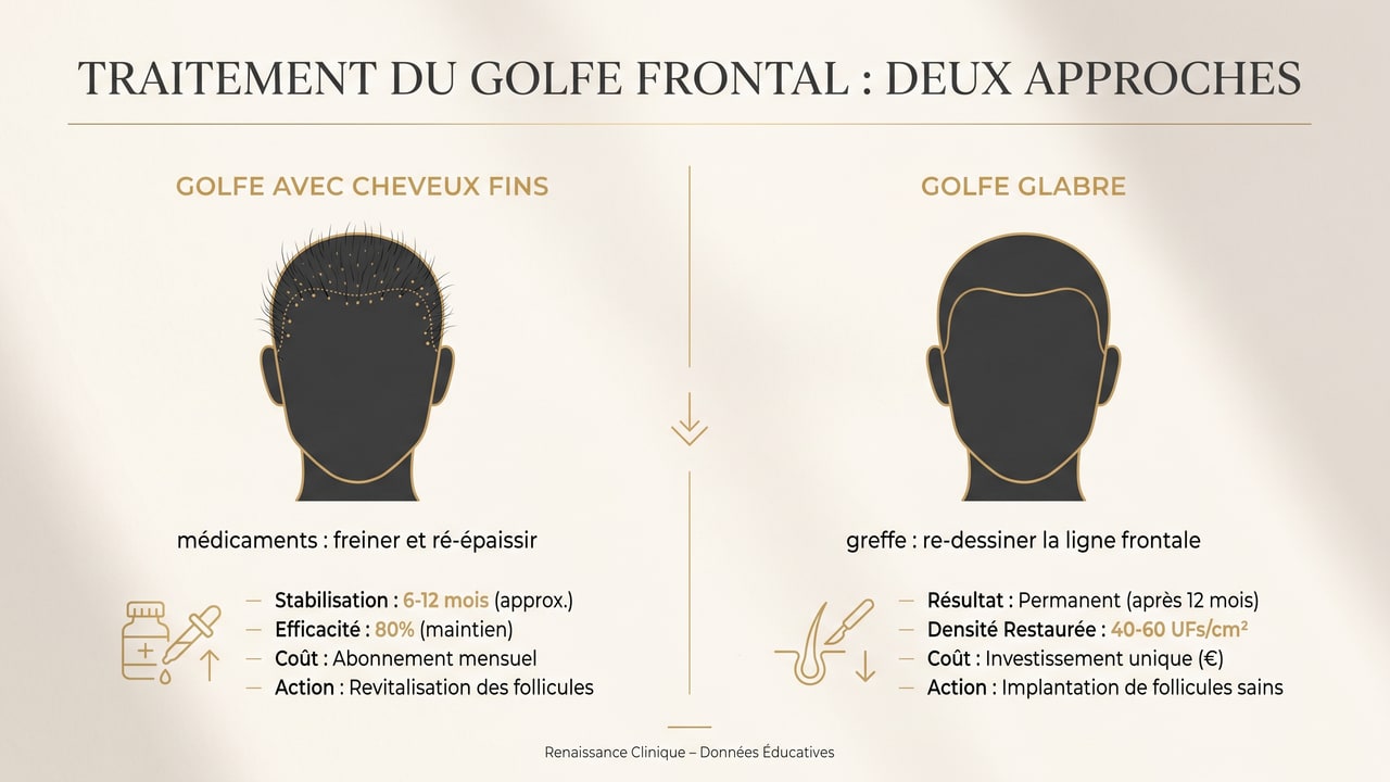 Infographie : sur un golfe avec cheveux fins, les médicaments freinent et ré-épaississent ; sur un golfe glabre, seule la greffe re-dessine la ligne frontale