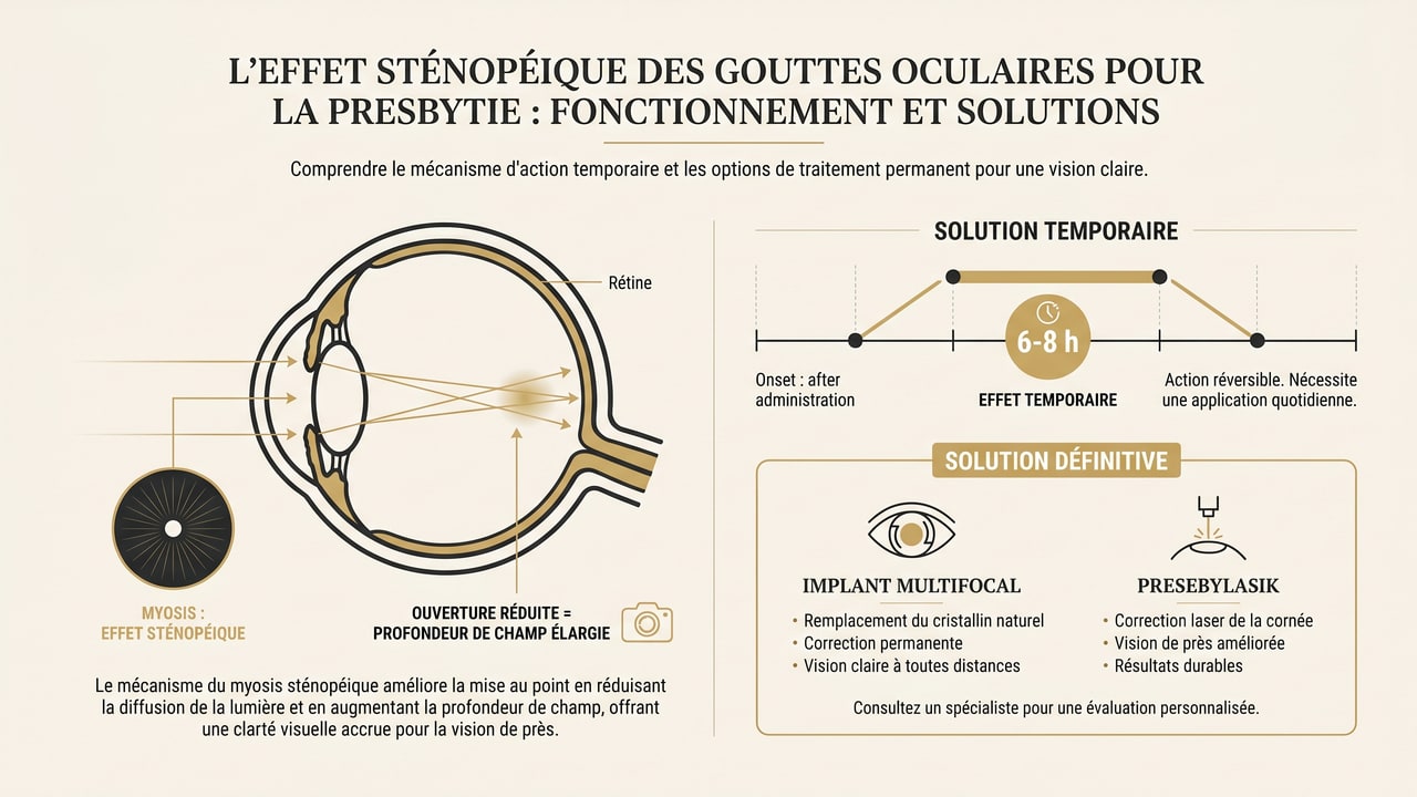 Infographie expliquant le myosis et l'effet sténopéique d'un collyre contre la presbytie, sa durée temporaire face aux solutions chirurgicales définitives.