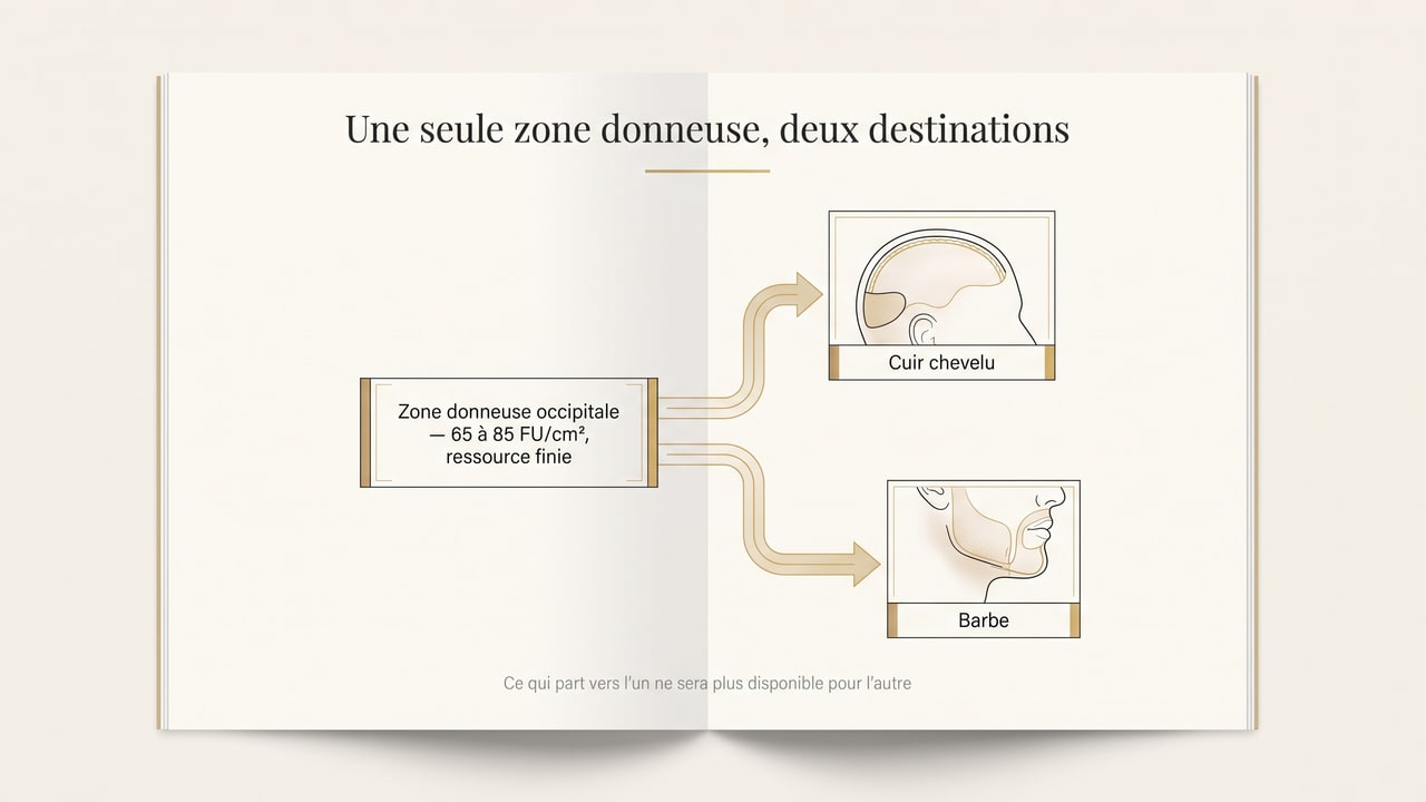 Schéma montrant que la zone donneuse occipitale, de 65 à 85 unités folliculaires par cm² et non renouvelable, alimente à la fois le cuir chevelu et la barbe — ce qui est prélevé pour l'un n'est plus disponible pour l'autre