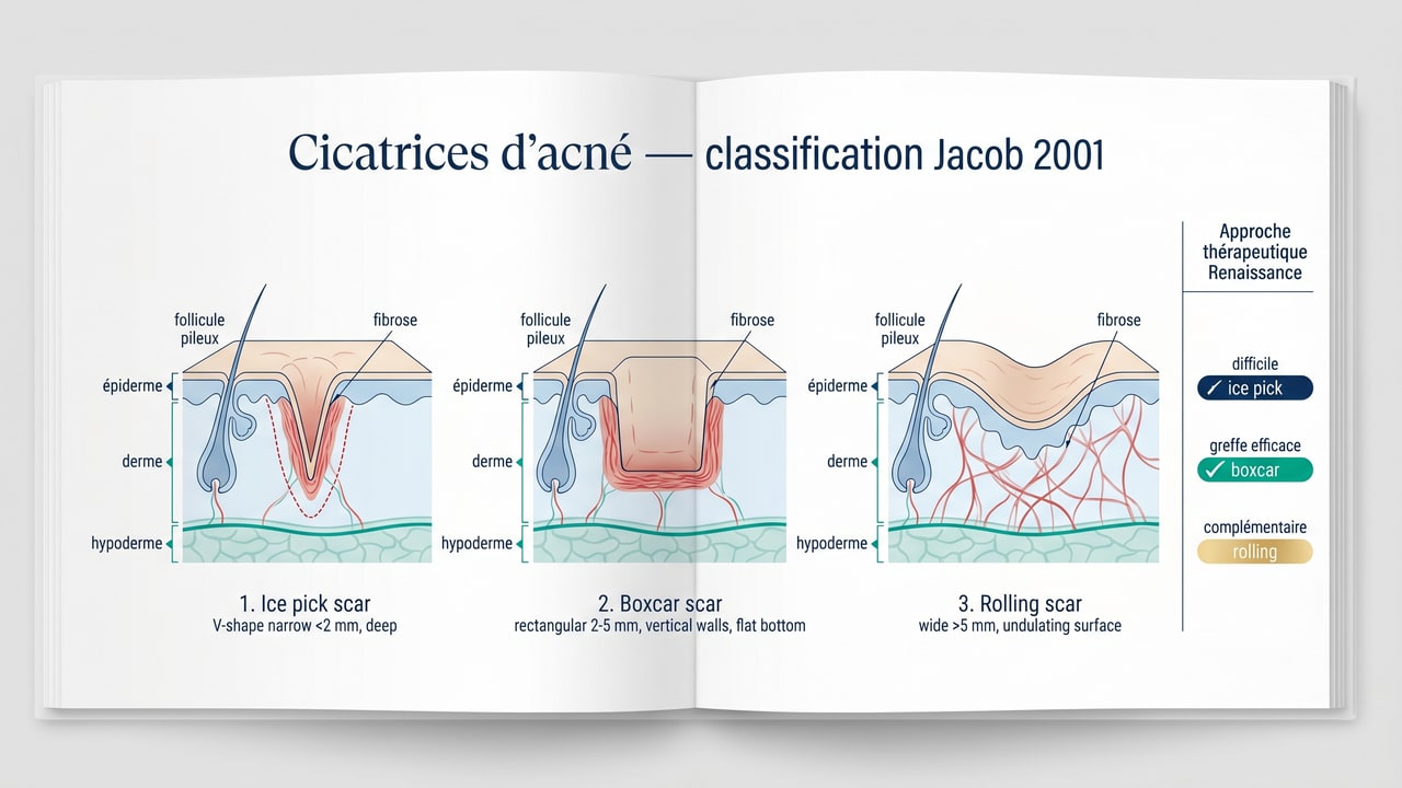 Classification anatomique des cicatrices d'acné — ice pick, boxcar, rolling et approches thérapeutiques