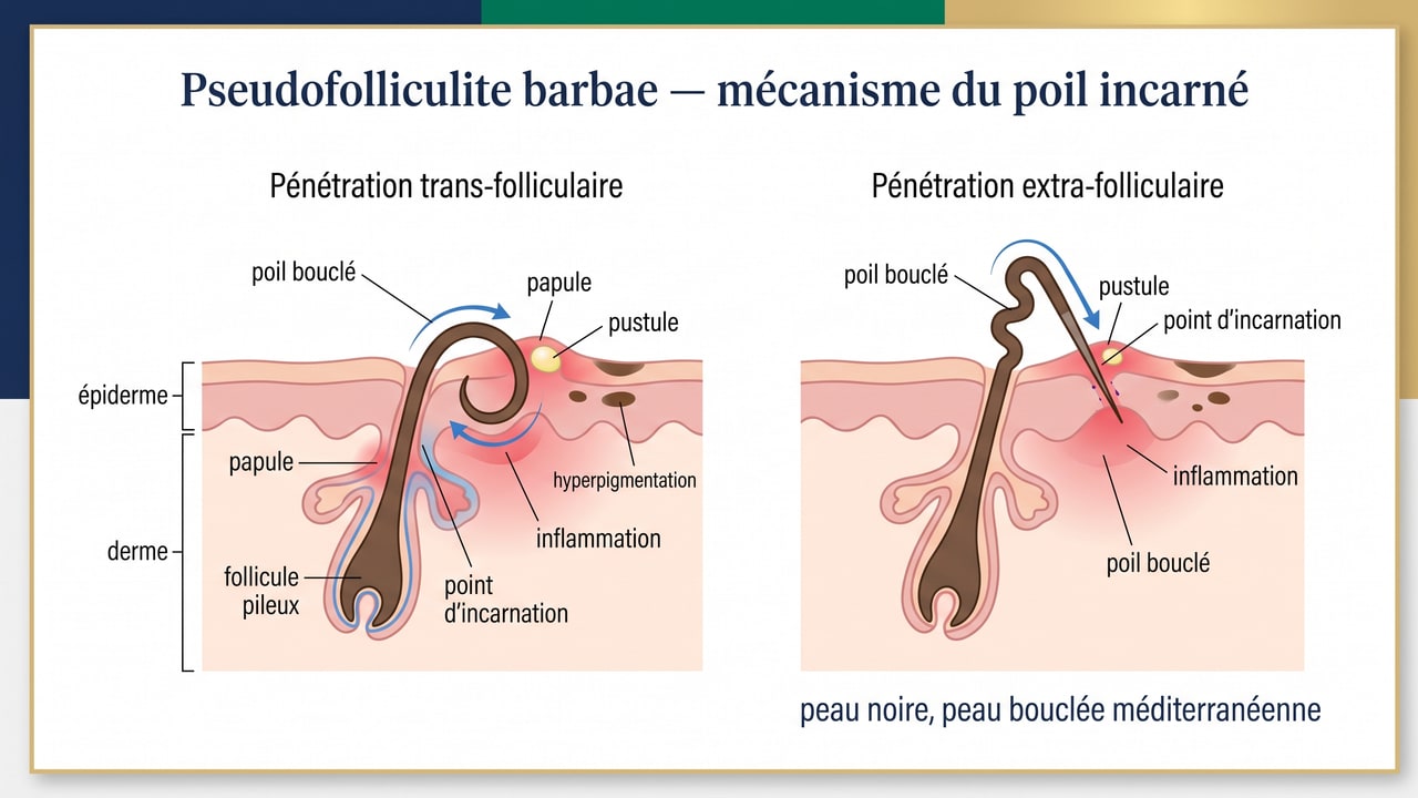 Mécanisme physiopathologique de la pseudofolliculite barbae — poils incarnés trans et extra-folliculaires