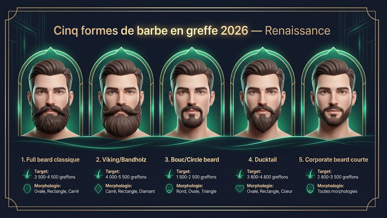 Cinq formes principales de greffe de barbe à Renaissance Clinique — full beard, viking, bouc, ducktail, corporate