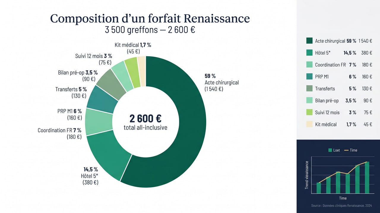 Composition détaillée d'un forfait Renaissance 3 500 greffons — répartition acte chirurgical, hôtel, suivi, PRP