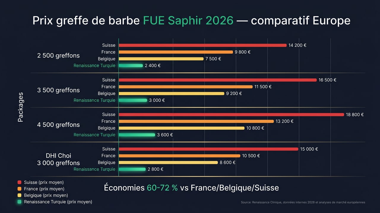 Comparatif prix greffe de barbe FUE Saphir Turquie vs France/Belgique/Suisse 2026 — économies 60-72 % avec Renaissance