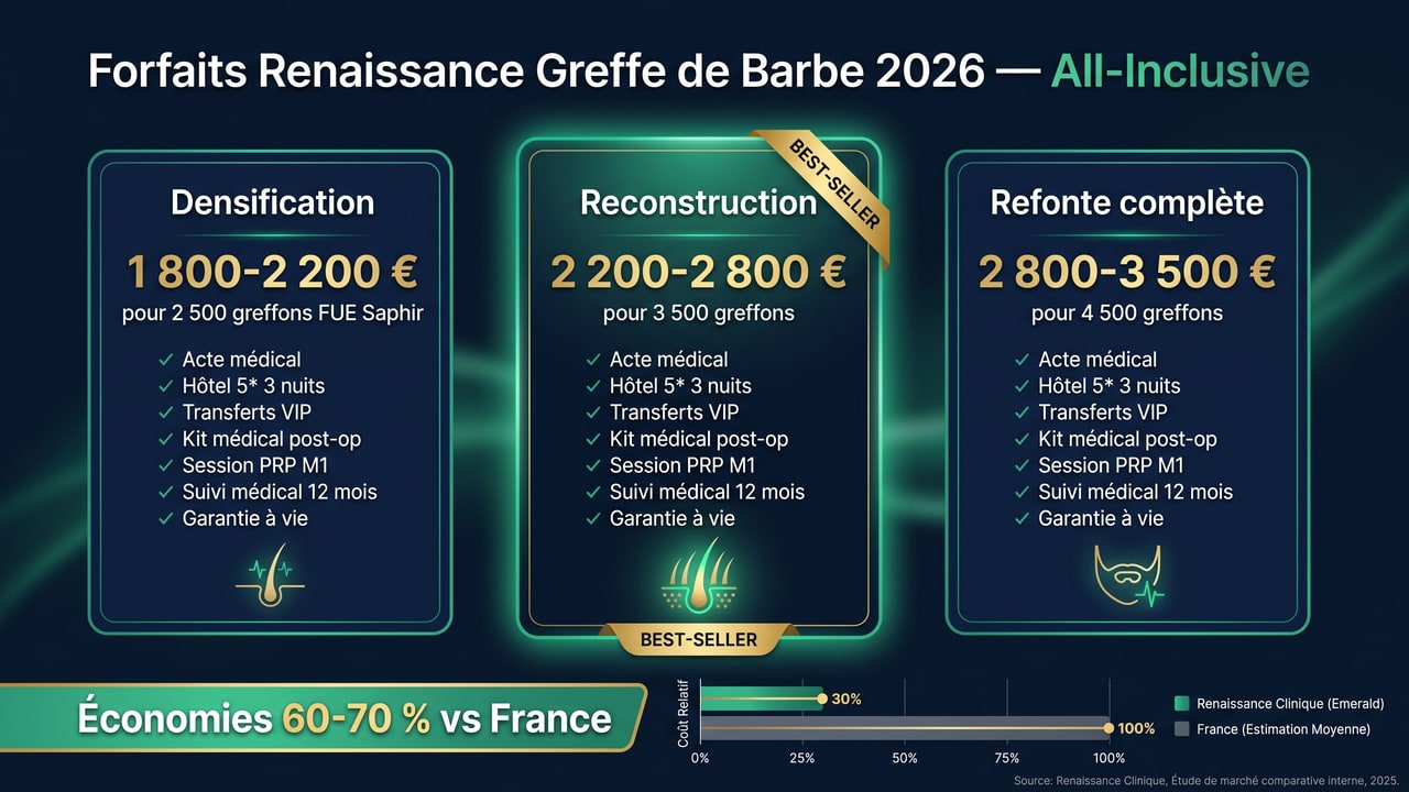 Grille tarifaire greffe de barbe Renaissance Clinique 2026 — 3 forfaits all-inclusive (densification, reconstruction, refonte)