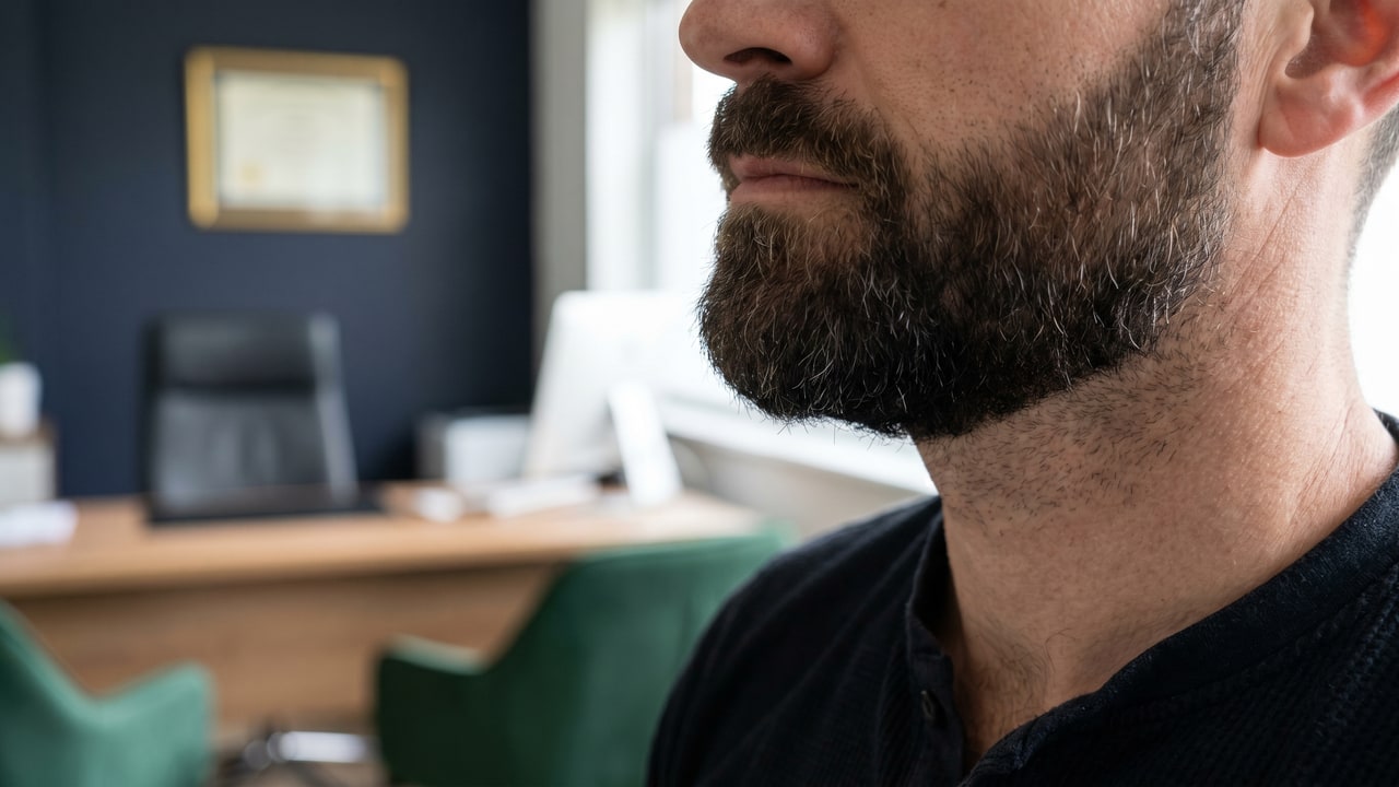 Greffe de barbe M+12 — résultat final 90-95 %, pigmentation complète, texture mature