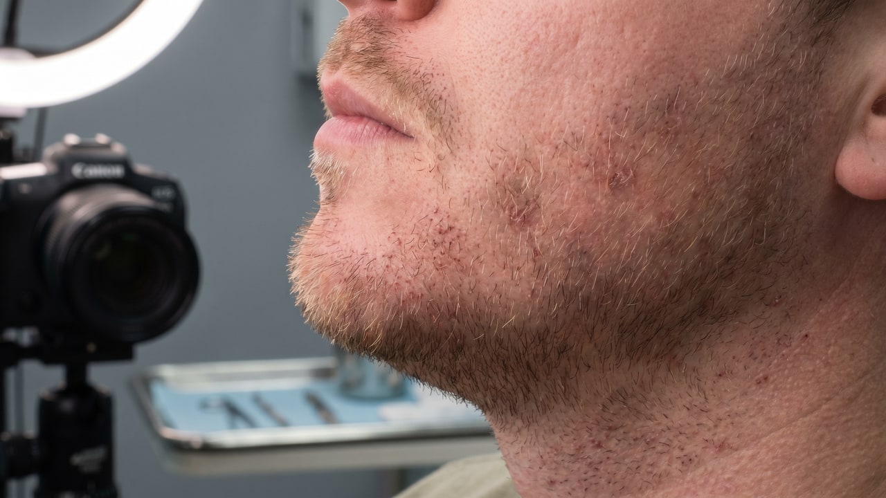 Greffe de barbe M+3 — début de repousse avec poils fins clairs, densité 20-30 %