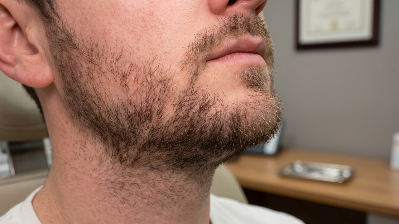 Greffe de barbe M+6 — point d'inflexion avec densité visible 50-60 %, pigmentation 70-80 %