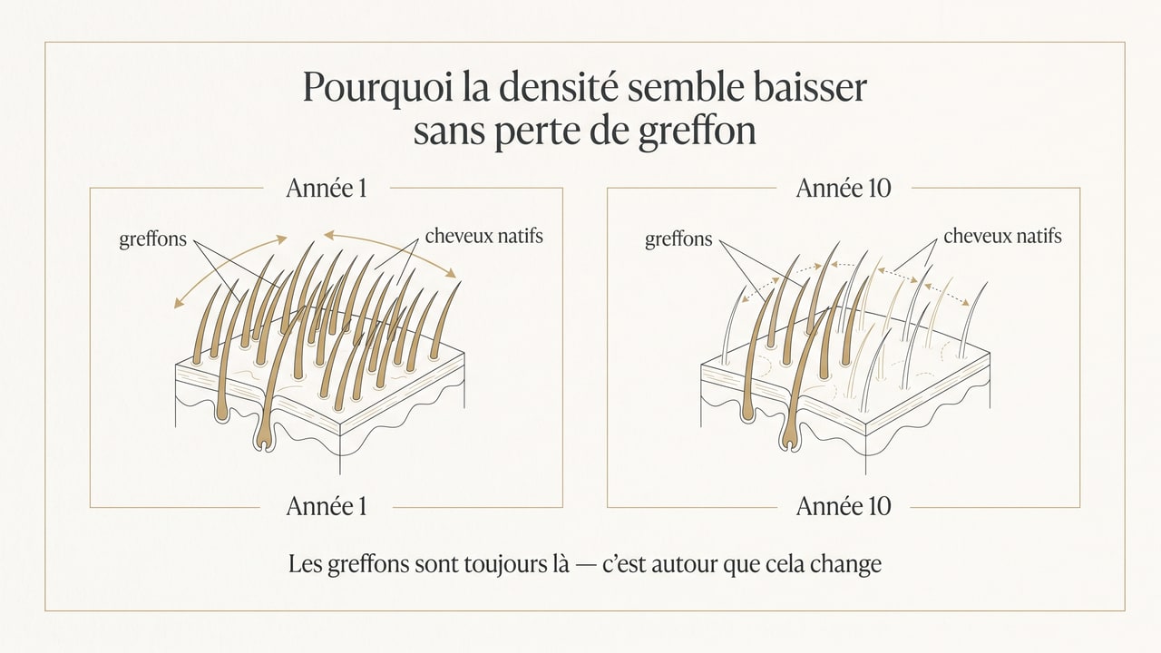 Schéma comparant l'année 1 et l'année 10 après une greffe : les greffons restent identiques en nombre tandis que les cheveux natifs autour se sont affinés, expliquant une densité globale perçue en baisse