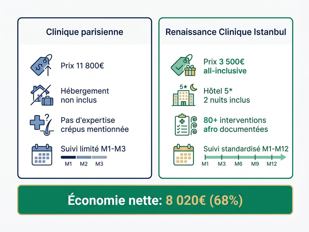 Cas clinique comparatif — clinique parisienne 11 800€ vs Renaissance Clinique Istanbul 3 500€ all-inclusive, économie 8 020€