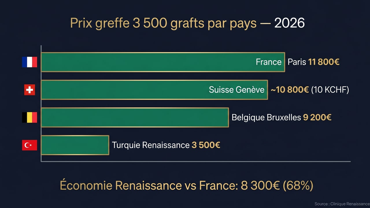 Barres comparatives prix greffe 3 500 grafts France/Belgique/Suisse/Turquie 2026 — économie de 68 % avec Renaissance