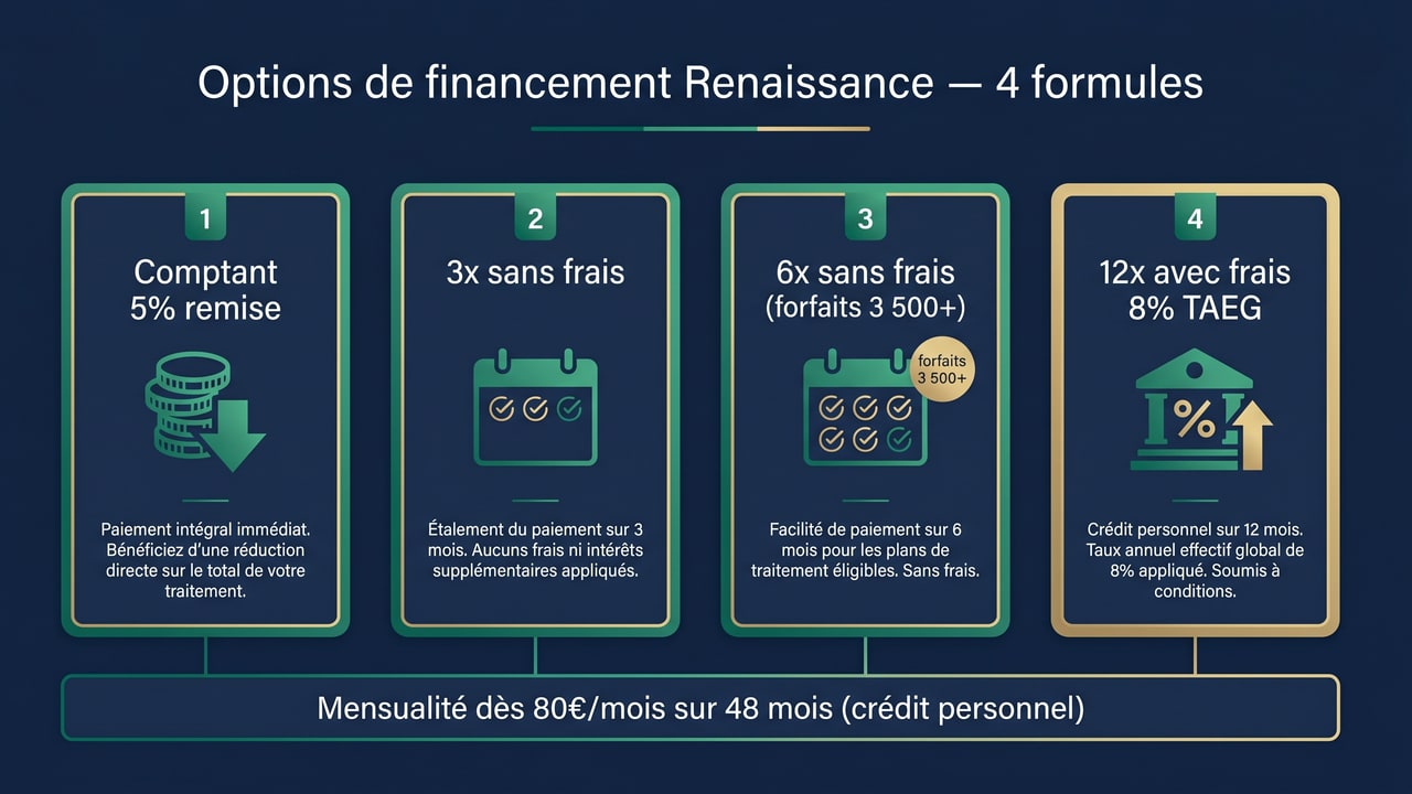 4 options de financement Renaissance Clinique : comptant 5 % remise, 3x/6x sans frais, 12x à 8 % TAEG ou crédit personnel 80 €/mois