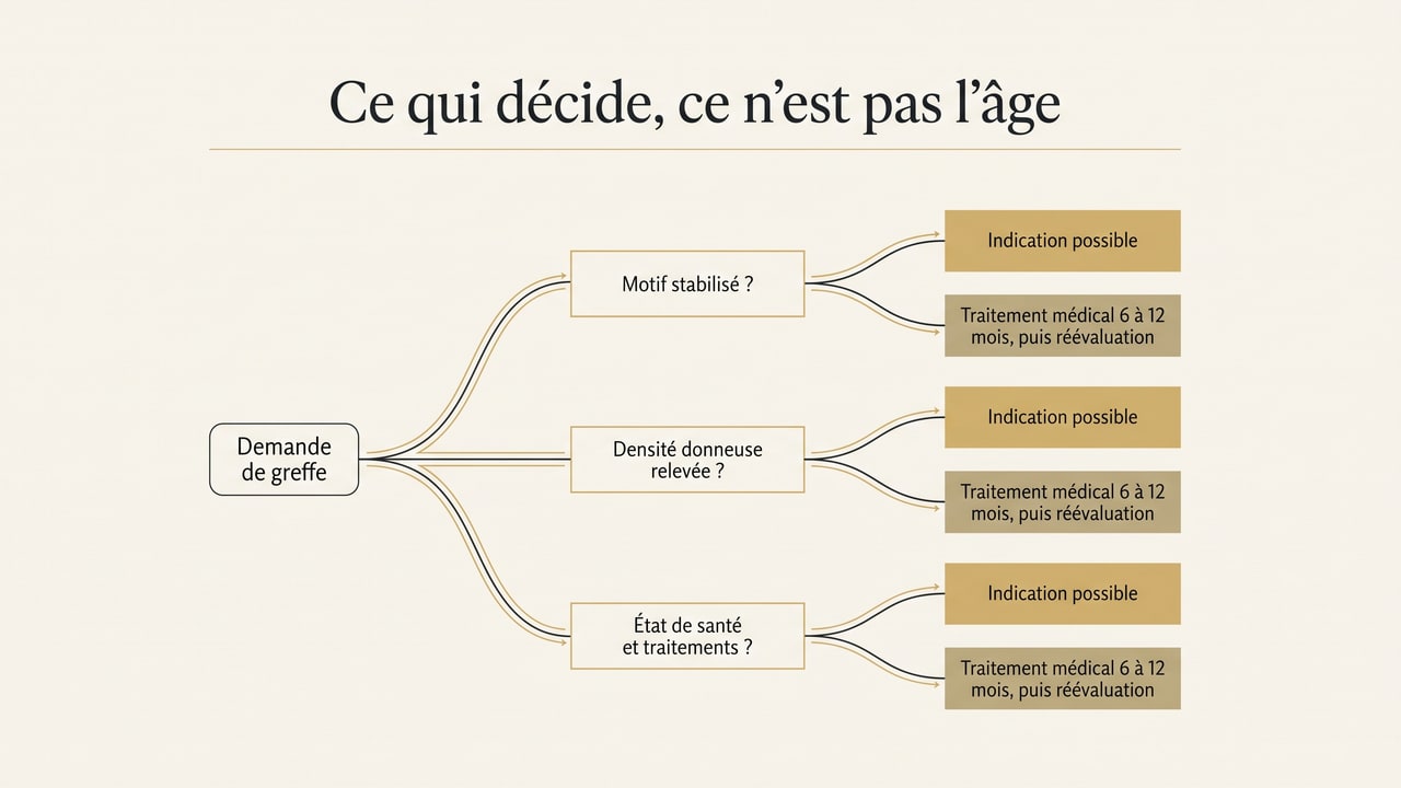 Arbre de décision montrant que l'indication d'une greffe repose sur trois critères mesurés — stabilité du motif, densité donneuse relevée, état de santé — et non sur l'âge, avec réévaluation après six à douze mois de traitement médical si le motif n'est pas stabilisé